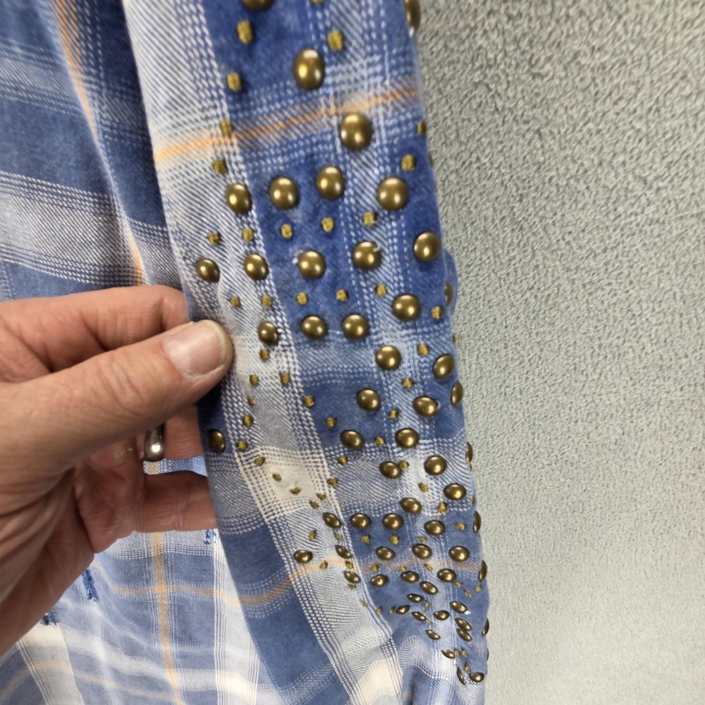 Free People Jacket Womens M Blue Deconstructed Plaid Flannel Studded Zip - Picture 3 of 15